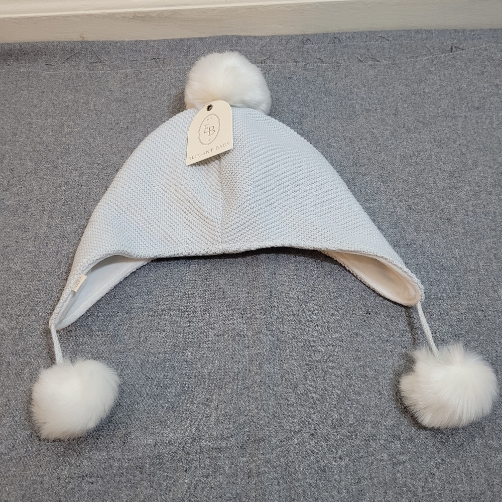 Elegant Baby Beannie Hat With Pom-Pom Kids Blue Cable Knit Cotton Winter Warm
